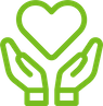 Grön symbol med två händer som omsluter ett hjärta